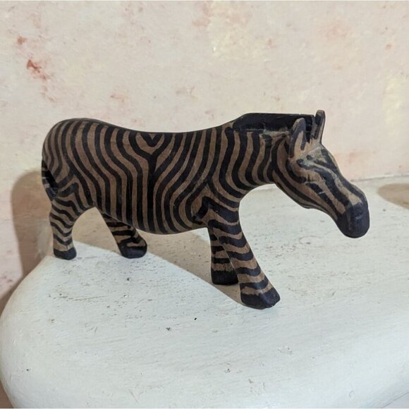 Wooden hand carved Zebra Figurine  Safari Decor 8": brown  black  zoo - Picture 3 of 9